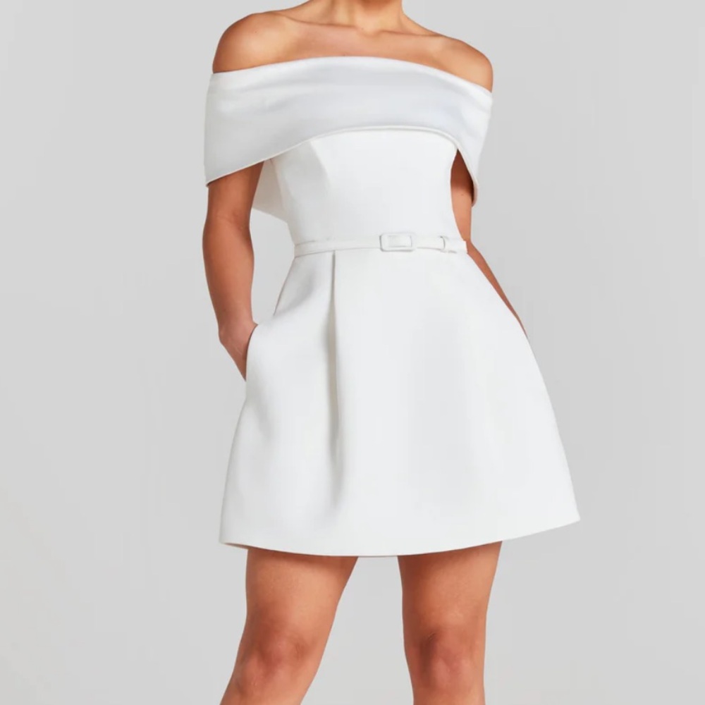 NADINE MERABI Off-Shoulder Strapless White Mini Dress